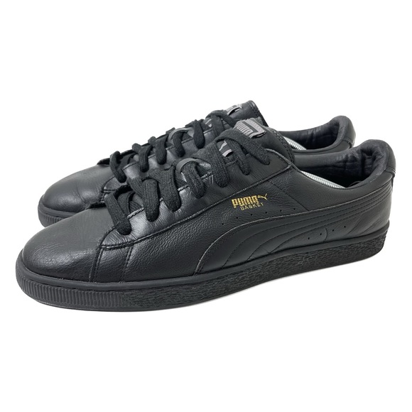 Puma Basket Classic Leather Sneaker Black Monotone Gold Leather Shoe 354367-19 - Picture 2 of 10